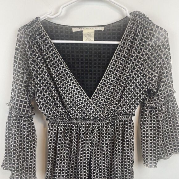 American Vintage Y2K Mesh Max Studio 3/4 Sleeve Top Size XS/S Tunic Black White - Picture 4 of 8